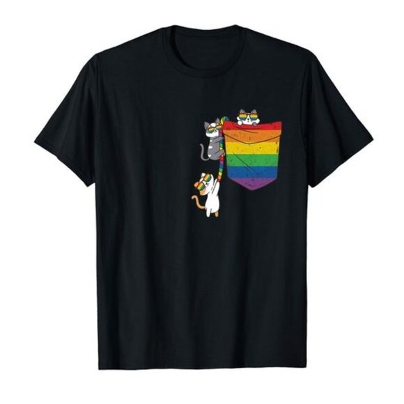 Funny Pocket cute cat LGBT Animal Rainbow Flag Gay Pride T-Shirt - Picture 1 of 3